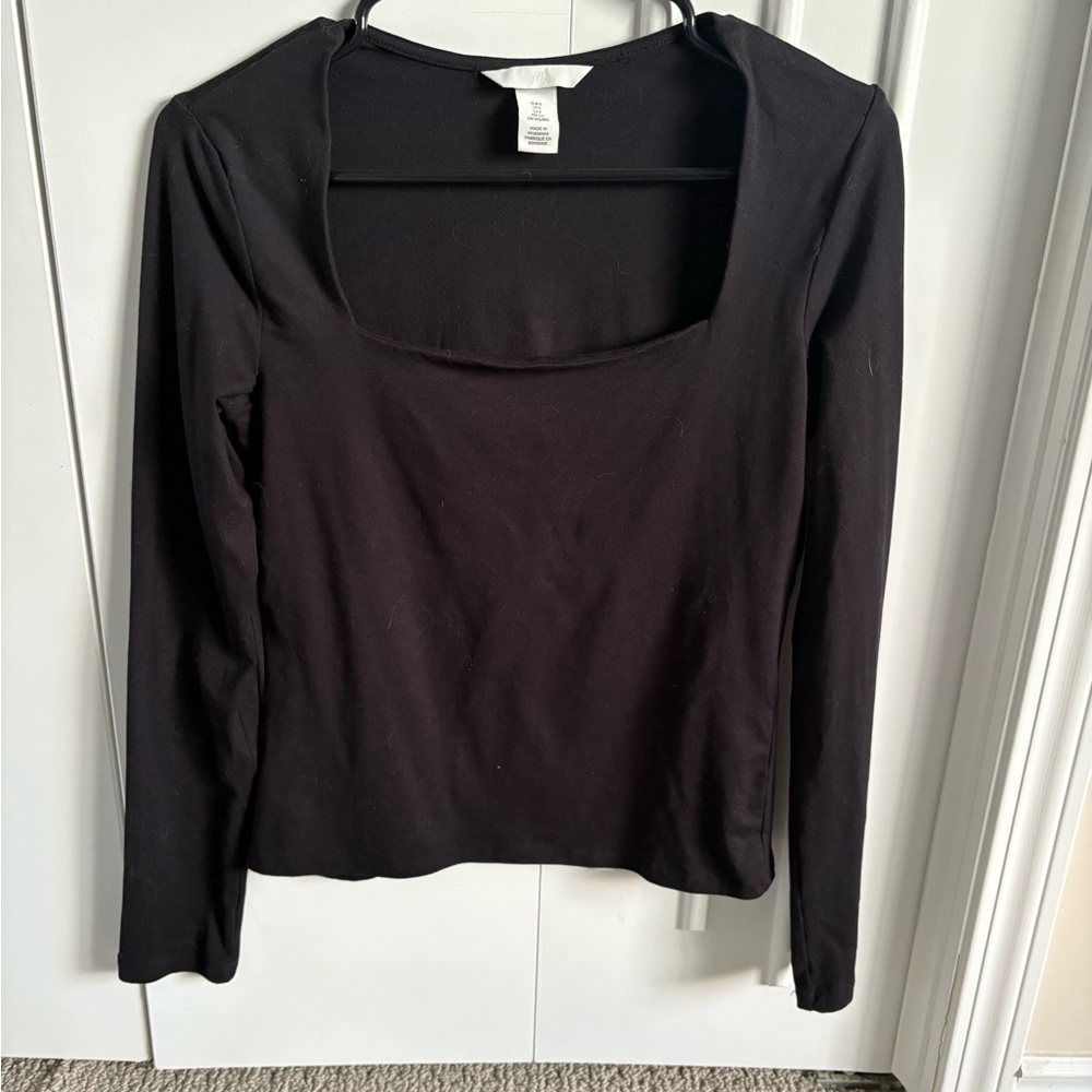 Black Square Neck Long Sleeve Top